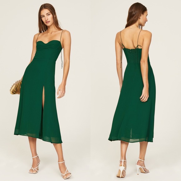 Reformation Juliette Emerald Green Midi Dress Women's 8 EUC Tie Strap Slit